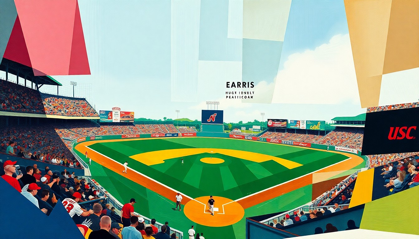 A cubist-style painting depicting a college baseball game between Nebraska and USC, with the players and field broken down into abstracted geometric shapes and planes of color, conveying the dynamic action and competitive spirit of the contest.
