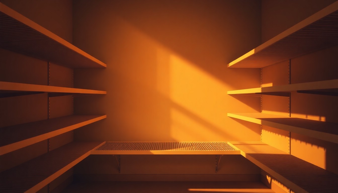 A photorealistic painting of an empty food pantry shelf in warm, golden light, conveying the emotional impact of federal benefit cuts on vulnerable communities.