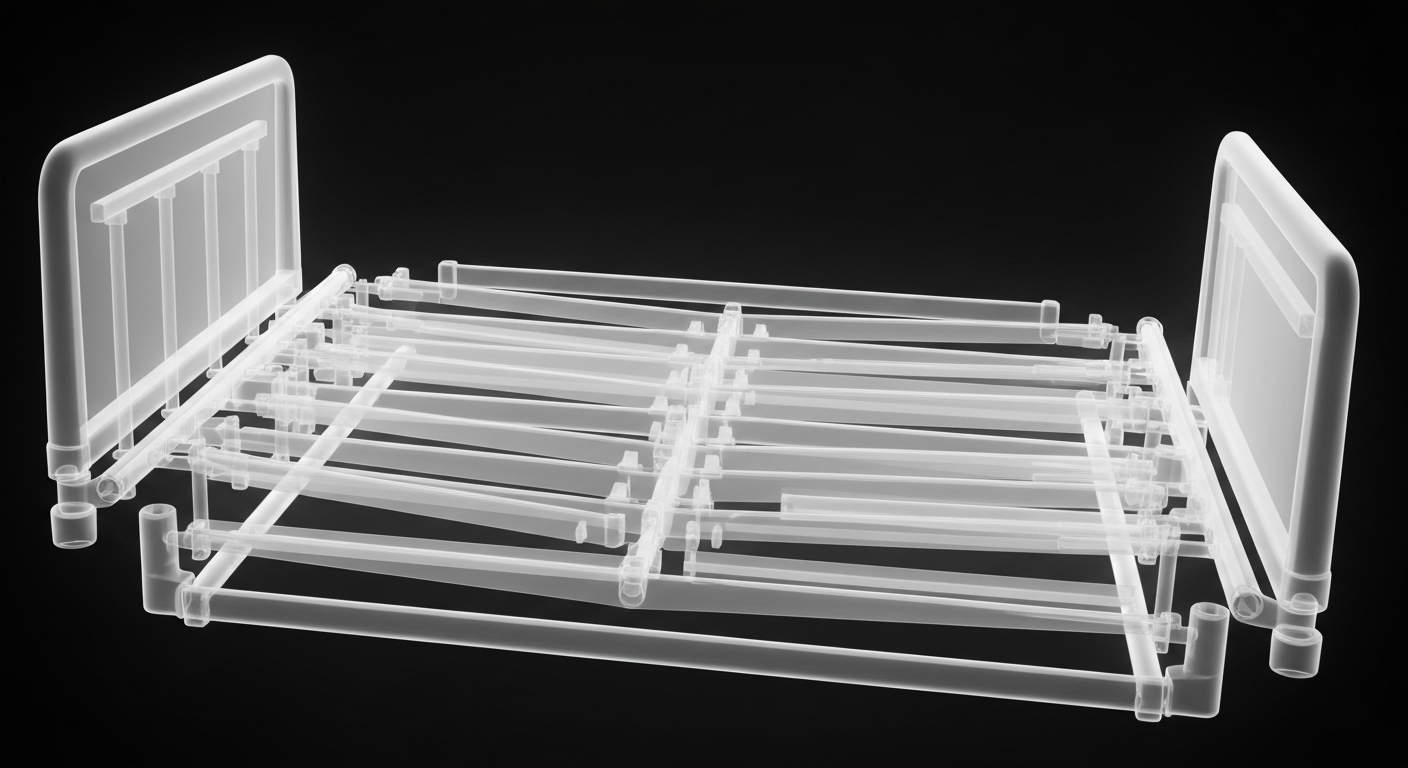 A ghostly, translucent X-ray image of a hospital bed frame, revealing its intricate internal structure in shades of grey against a dark background, conceptually representing the hidden complexities of Utah's behavioral health system.