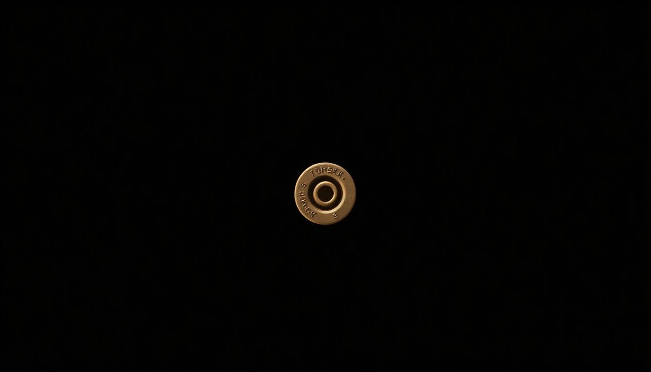 An extreme close-up photograph of a single .357 revolver bullet casing against a pitch-black background, capturing the stark, gritty details of the object in a way that evokes the investigative nature of the crime.