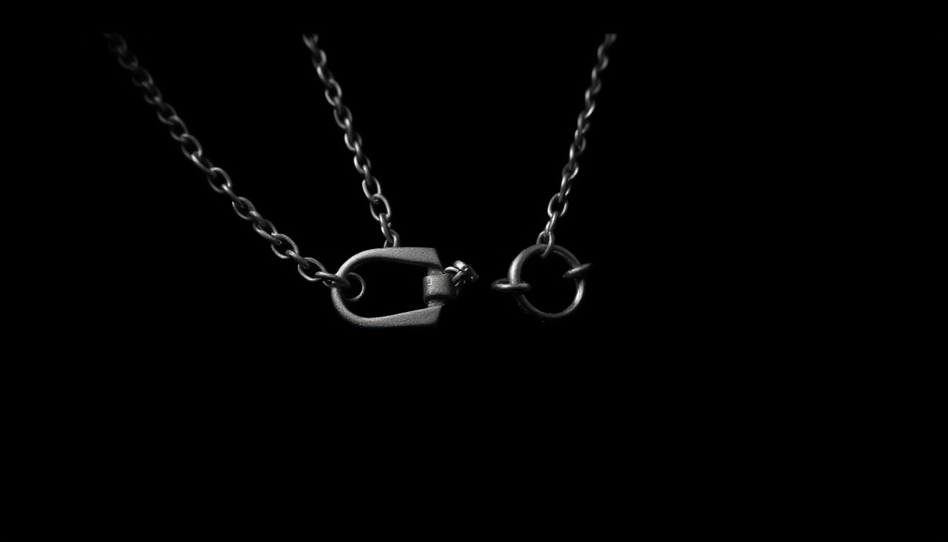 An extreme close-up of a broken necklace clasp, the harsh lighting and stark black background creating a gritty, investigative aesthetic that conceptually illustrates the jewelry theft case.