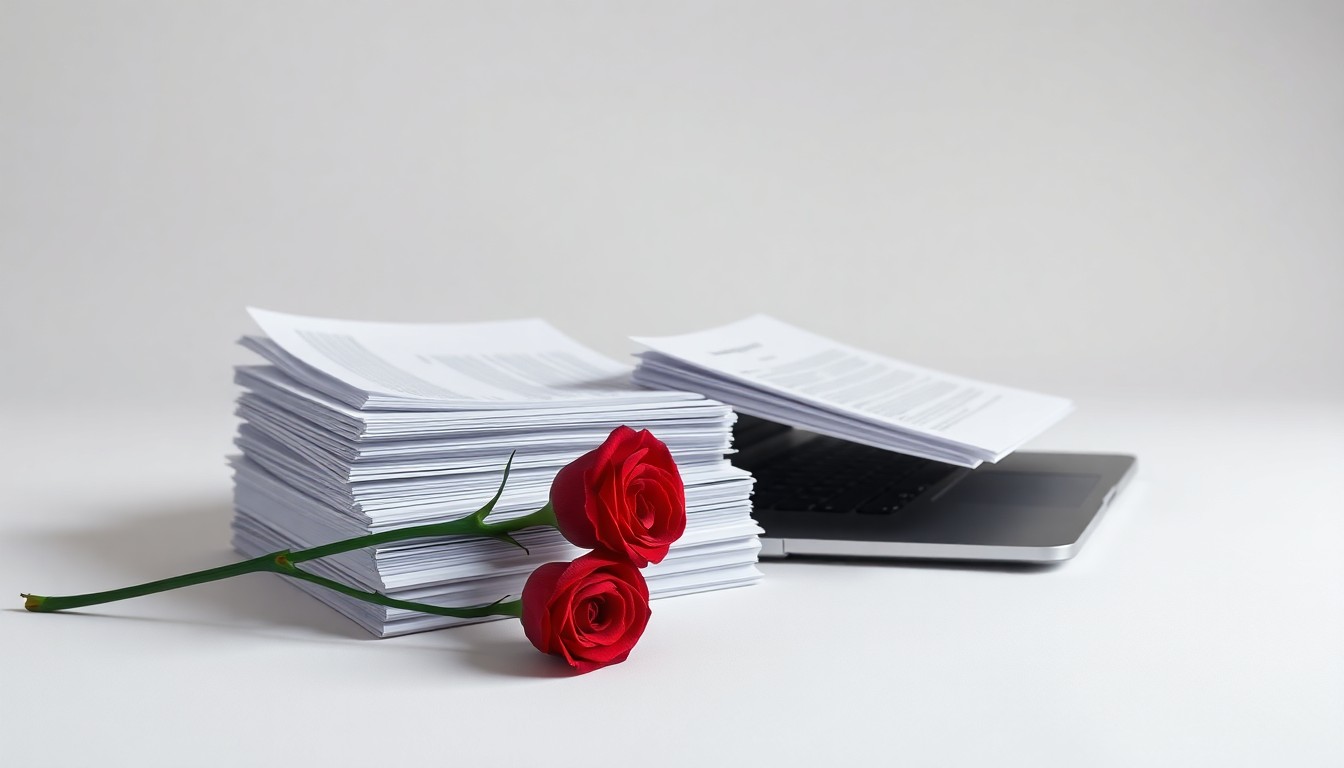 A photorealistic studio still-life featuring a stack of business documents, a laptop, and a single red rose on a clean, monochromatic background, symbolizing the abstract corporate strategy and leadership changes at Netflix.