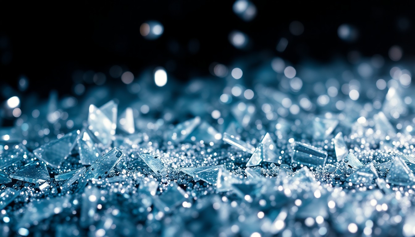 An extreme close-up photograph of shattered glass reflecting dramatic studio lighting, conceptually representing the volatile nature of celebrity feuds and public drama.