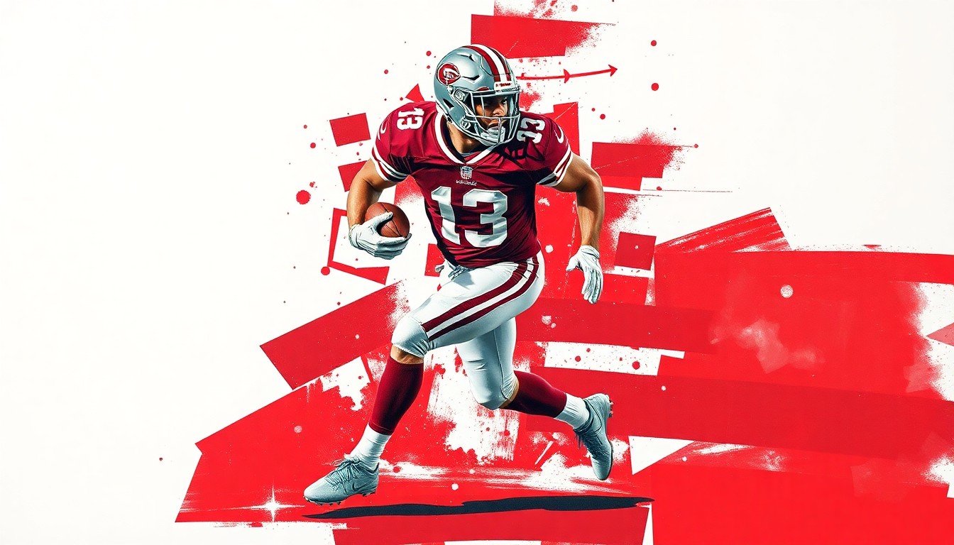 A cubist-style painting depicting a football player in mid-stride, with sharp, overlapping geometric shapes in the colors of maroon and white, representing the Texas A&M Aggies' new star wide receiver recruit.