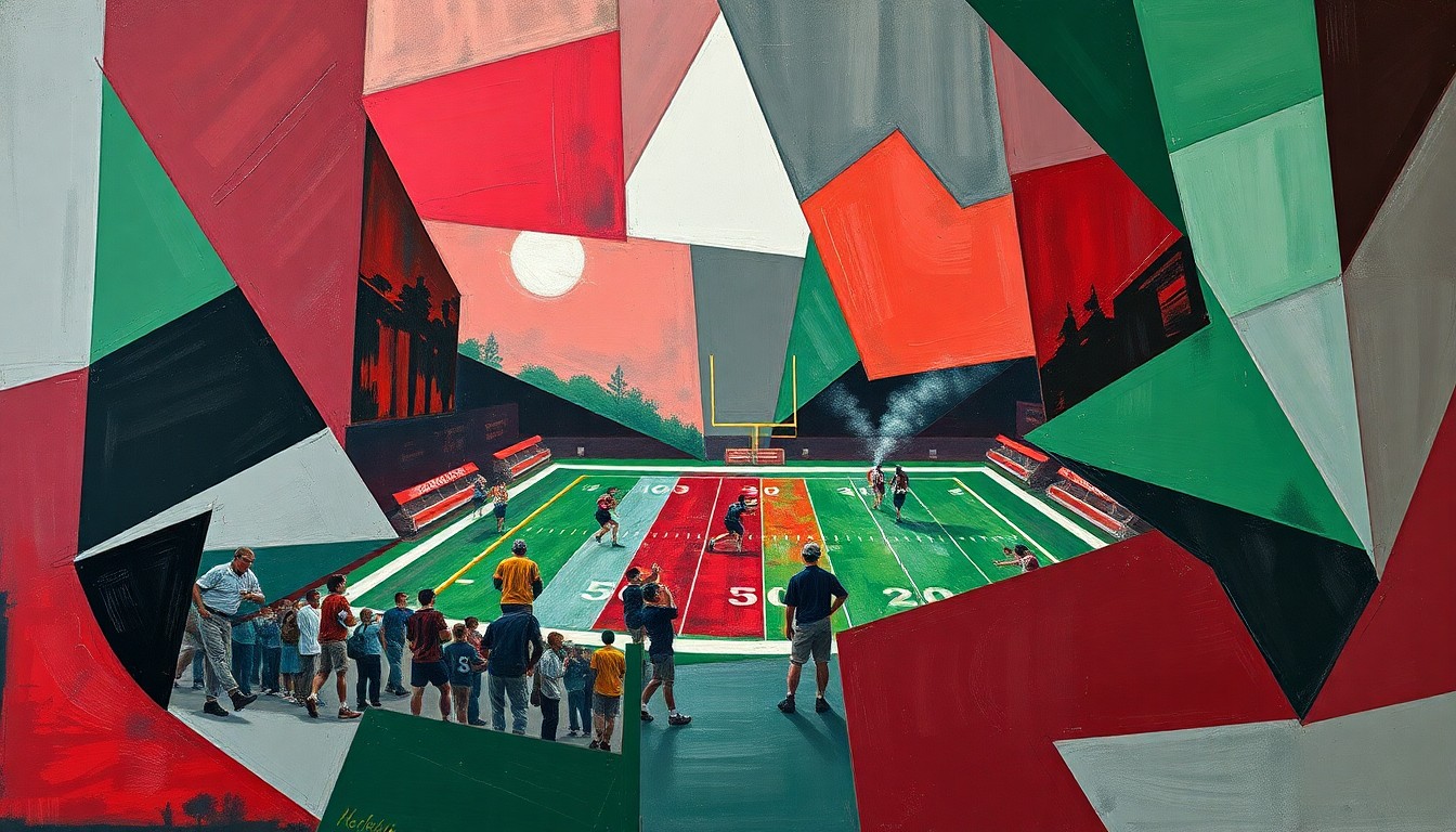 A cubist, geometric painting depicting a high school football game, with sharp, overlapping planes of maroon, green, and gray representing the chaotic energy of the sport.