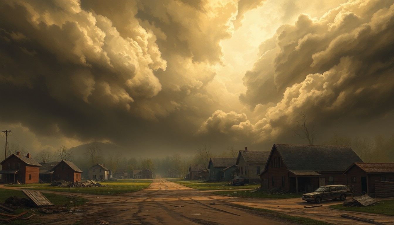 A sweeping, atmospheric landscape painting depicting a tornado-damaged neighborhood, with damaged homes and debris dwarfed by the expansive, melancholic sky, conveying the overwhelming scale of the natural disaster and the community's determination to recover.