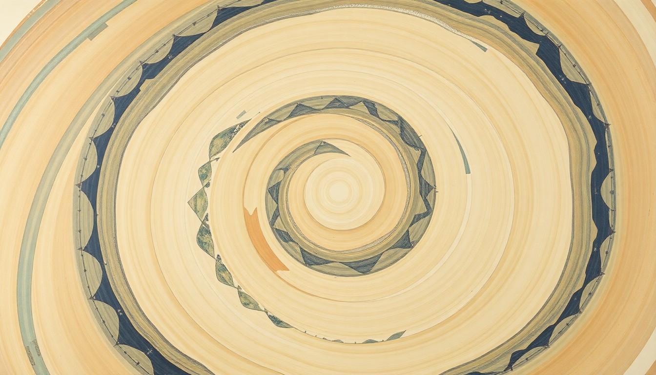 A highly textured, abstract painting in soft blues, greens, and browns, featuring sweeping geometric arcs and concentric circular motions, conceptually representing the complex, shifting patterns of global ocean currents.