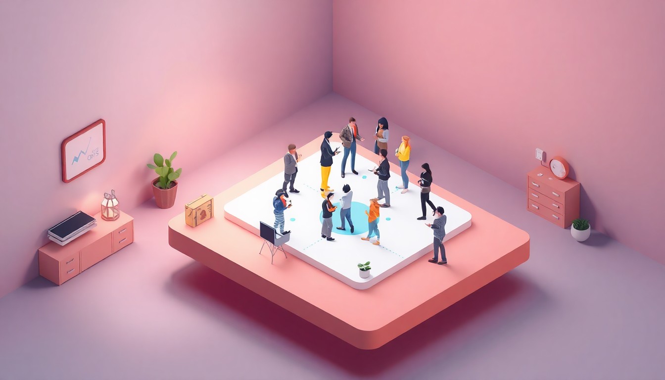 A minimalist, isometric 3D illustration depicting a group of diverse digital content creators collaborating and networking on a floating digital platform, representing the CollabGPS platform's mission to better connect creators.