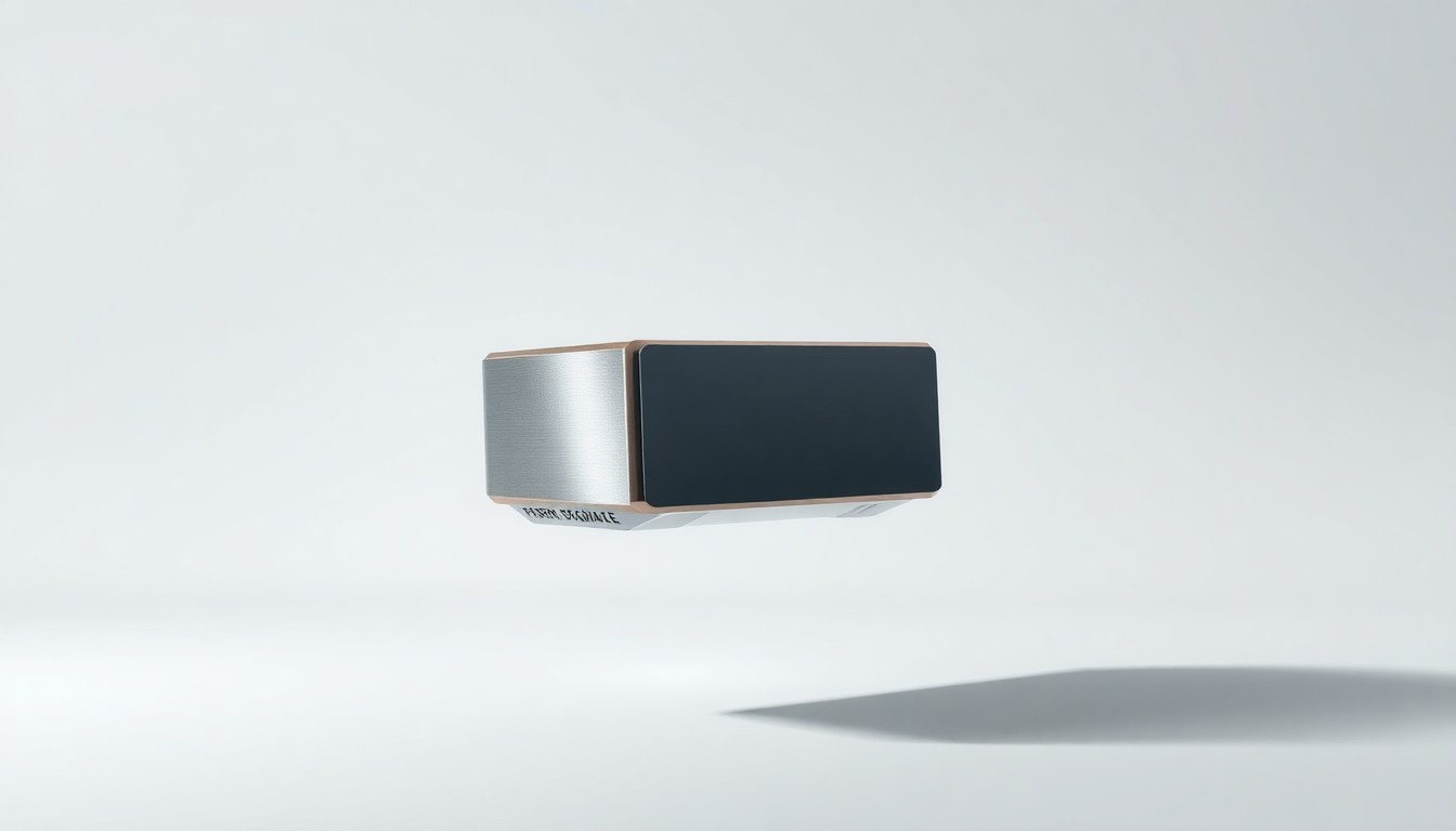 A high-end, photorealistic studio still-life photograph featuring a polished, geometric medical diagnostic device made of brushed metal and glass, floating elegantly on a clean, monochromatic background and backlit to create dramatic shadows, conceptually representing the transformative power of AI-enabled diagnostics in healthcare.