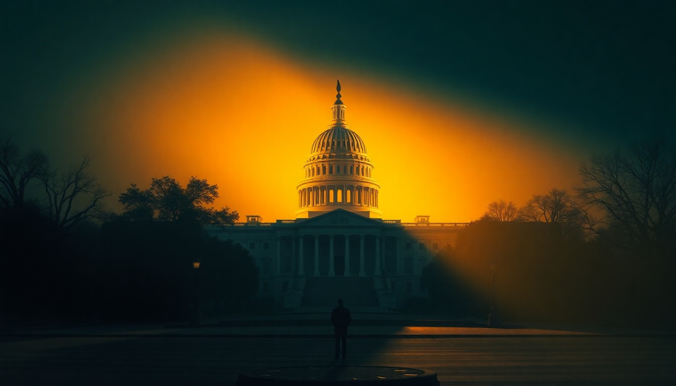 A warm, cinematic painting depicting the U.S. Capitol building in soft, golden light, with a lone figure standing in the foreground, conveying a sense of solemnity and contemplation around the political tensions surrounding the president's use of military force.