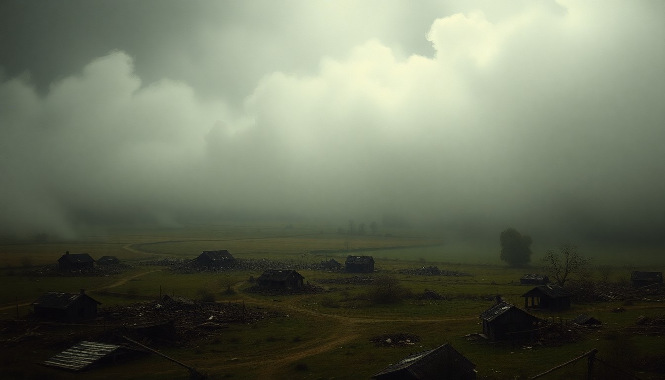 A sweeping, atmospheric landscape painting in muted tones of gray and blue, with hints of damaged structures and debris obscured by heavy fog, conveying the overwhelming scale and power of the tornado that struck the region.
