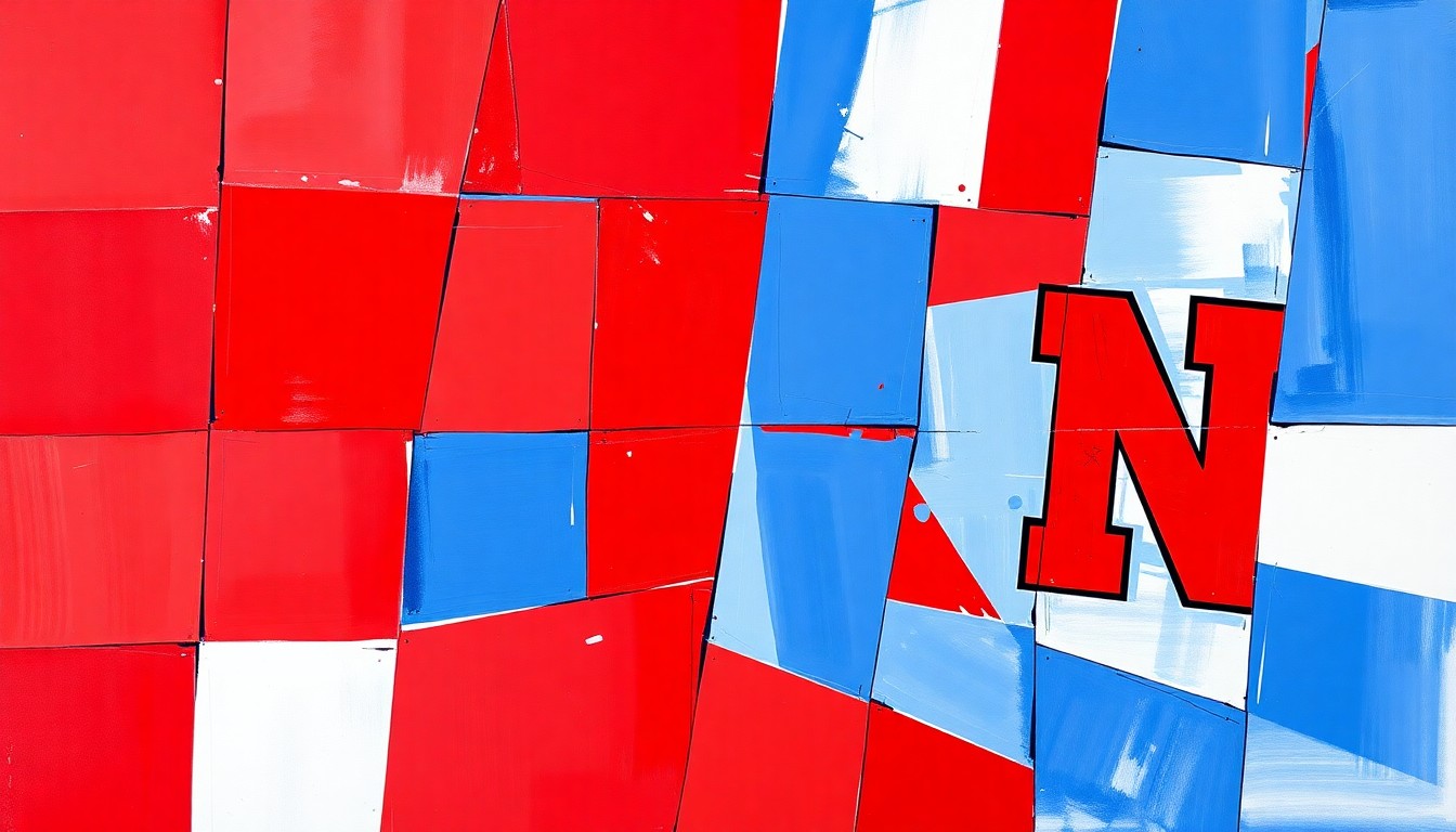 A cubist, geometric painting depicting a volleyball match between two teams, with the players and court broken down into sharp, overlapping planes of blue and red colors.