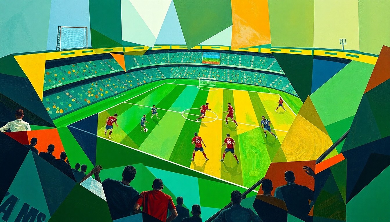 A fractured, cubist-style painting depicting an abstracted soccer match, with players and the field broken down into sharp, overlapping geometric shapes in a vibrant color palette, capturing the competitive energy and shifting dynamics of the Concacaf Champions Cup quarterfinals.