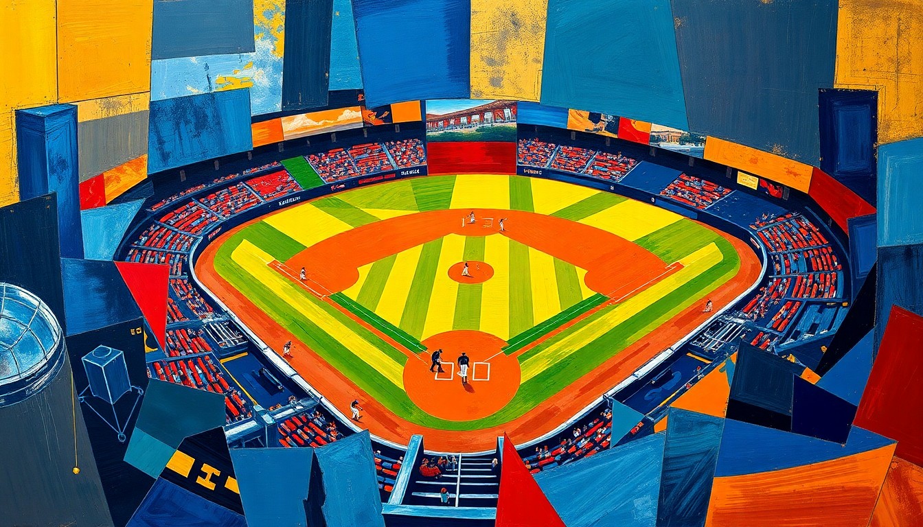 A fragmented, geometric painting depicting a baseball diamond and players in a dynamic, abstract style, conveying the celebratory energy of a Hall of Fame induction ceremony.