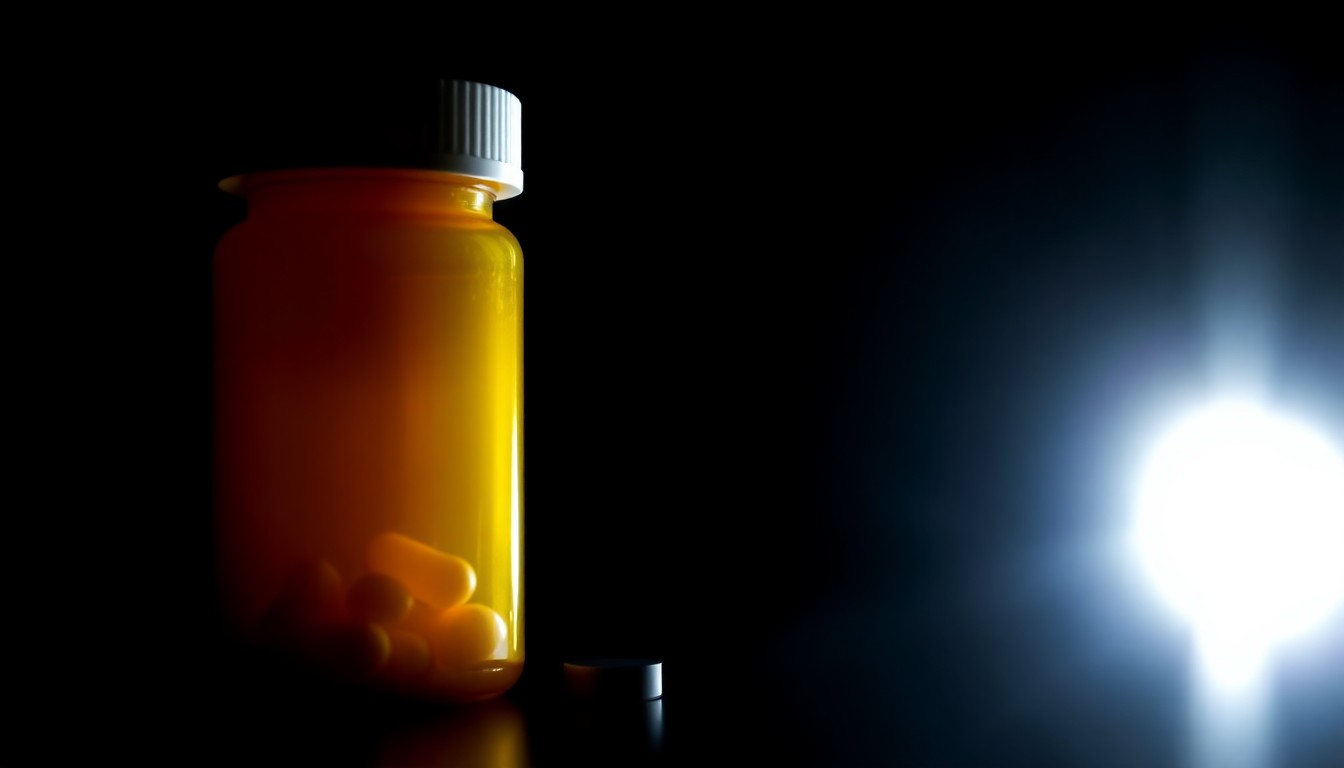 An extreme close-up photograph of a prescription pill bottle with a bright, direct camera flash against a pitch-black background, conceptually representing the investigation into Tiger Woods' prescription drug history.