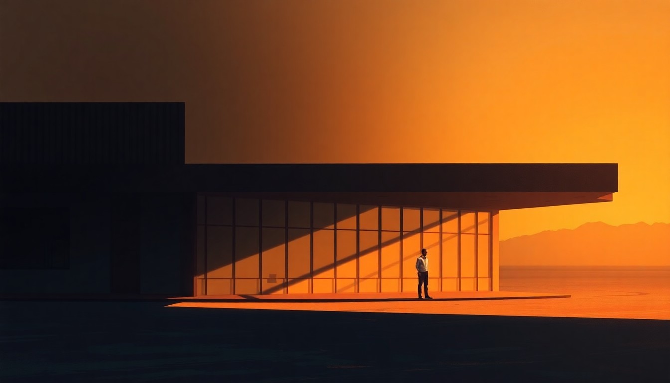 A serene, painterly scene of an airport terminal building in warm sunlight, with a lone figure standing outside, conveying a sense of quiet contemplation over the controversial renaming decision.