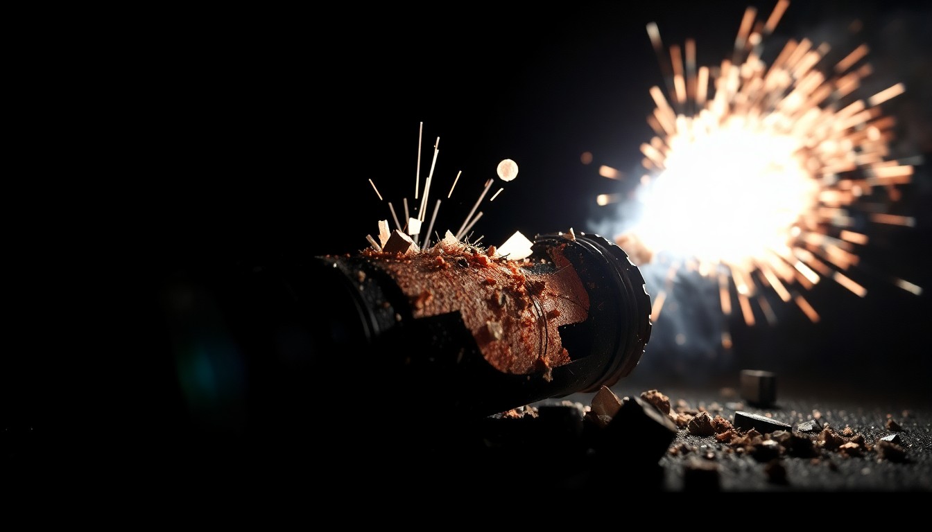 An extreme close-up photograph of a twisted, blackened piece of metal from the Esparto fireworks warehouse explosion, capturing the gritty, investigative nature of the crime scene.