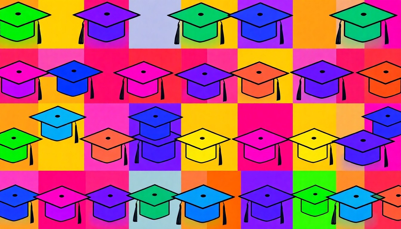 A brightly colored, high-contrast silkscreen print of a graduation cap icon repeated in a tight grid pattern, conceptually representing the Secretary of Education's focus on aligning higher education with workforce development.