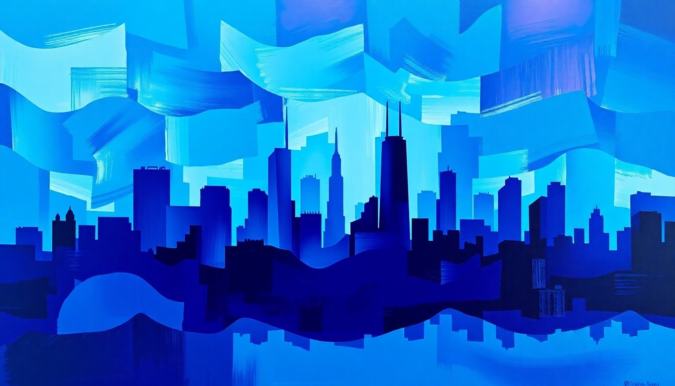 An abstract, fragmented painting of the Chicago skyline in shades of blue and violet, conveying the dynamic and uncertain nature of the upcoming mayoral election.