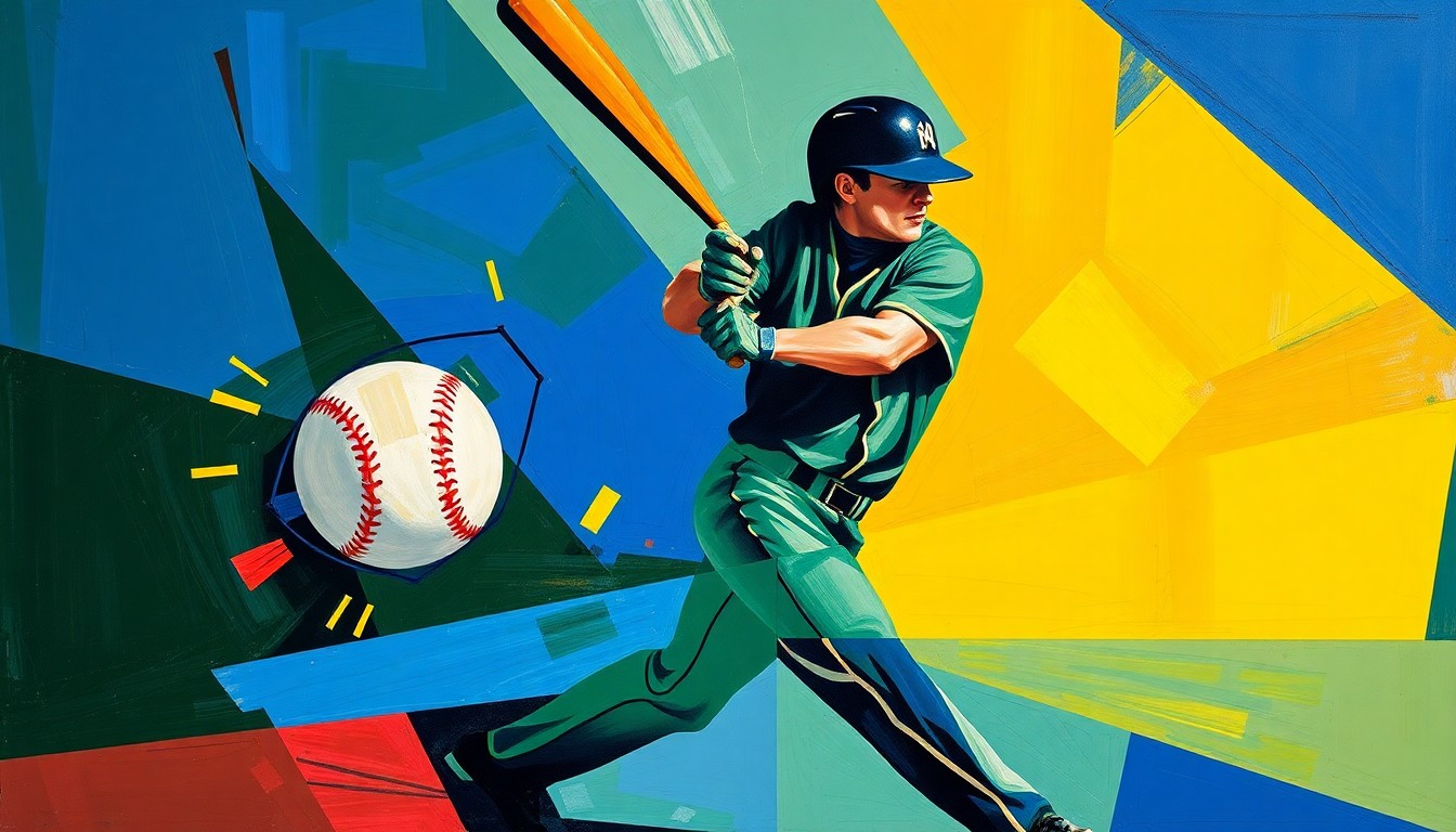 A fractured, multi-perspective painting depicting Ethan Nepomuceno's home run swing and the baseball's trajectory in a vibrant cubist style, capturing the raw energy and athleticism of the moment.