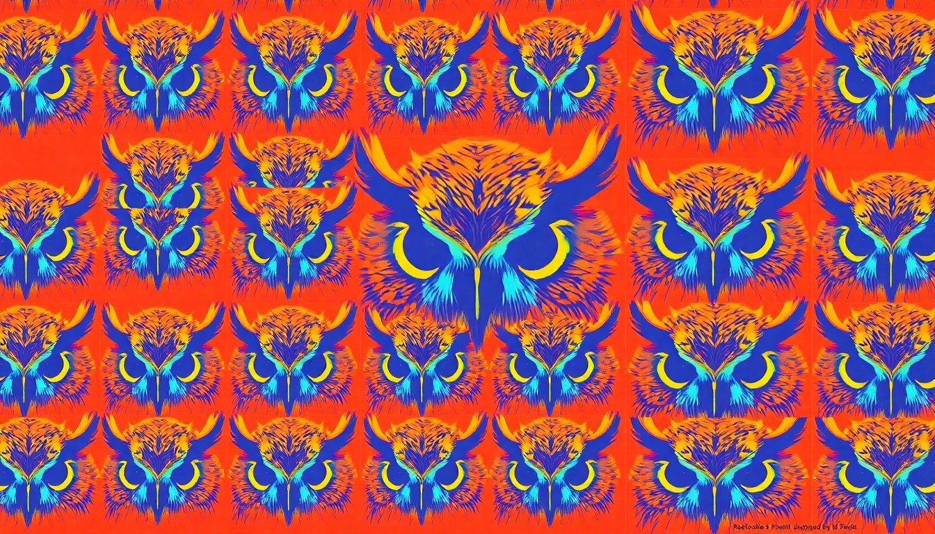 A highly stylized, abstract image composed of a repeating pattern of a single great horned owl feather in vibrant neon colors and bold black outlines, conceptually representing the rescue of a vulnerable owlet in an urban environment.