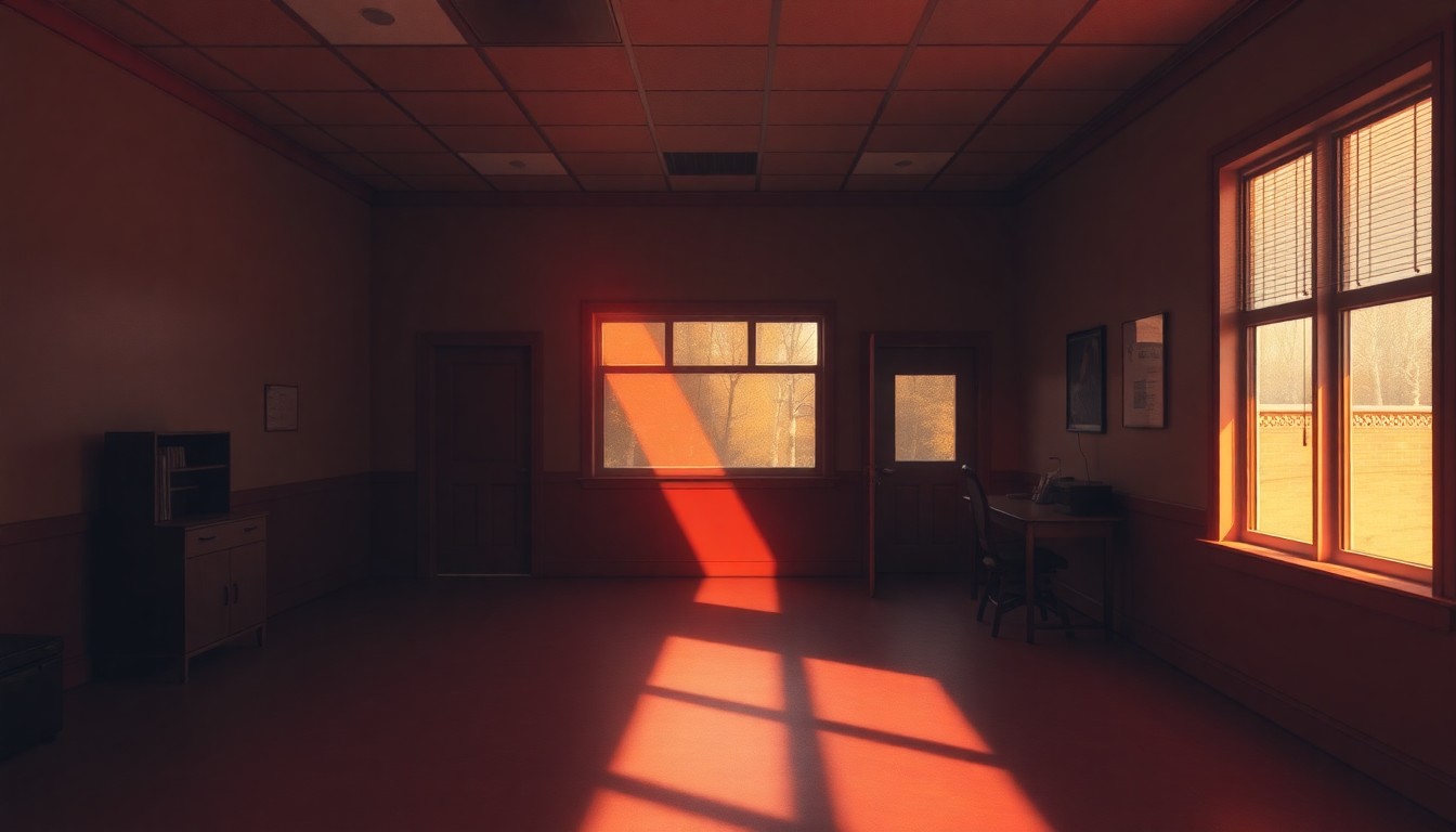 A dimly lit, cinematic painting of an empty political campaign office or election headquarters, with warm sunlight streaming in through the windows and casting deep shadows across the room, conveying a sense of quiet contemplation and the weight of the political process.