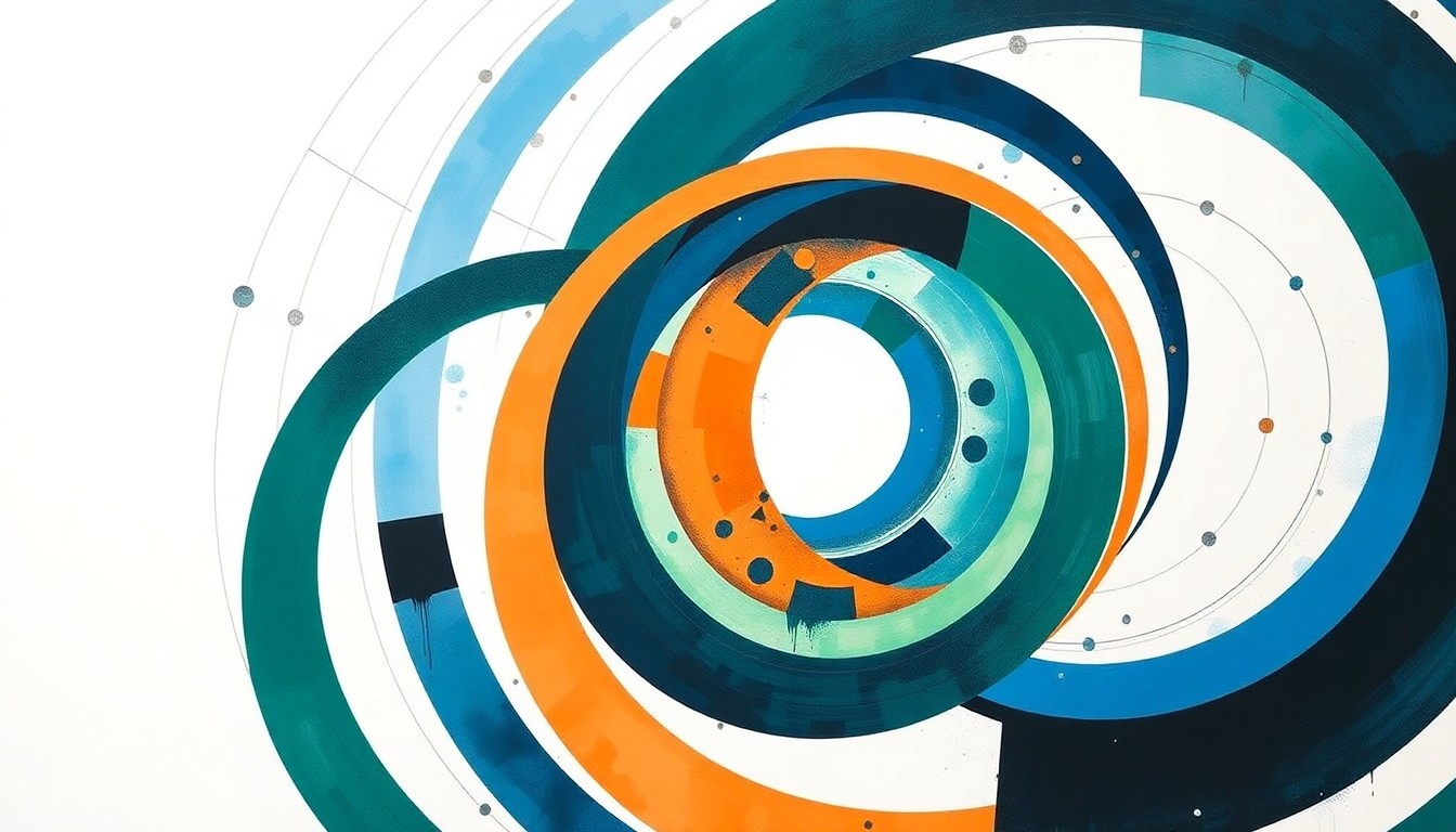 A bold, abstract painting featuring sweeping geometric arcs, concentric circles, and precise spirals in vibrant blues, greens, and oranges, conceptually representing the interconnected nature of STEM disciplines and the creative energy of the GIRL Camp program.