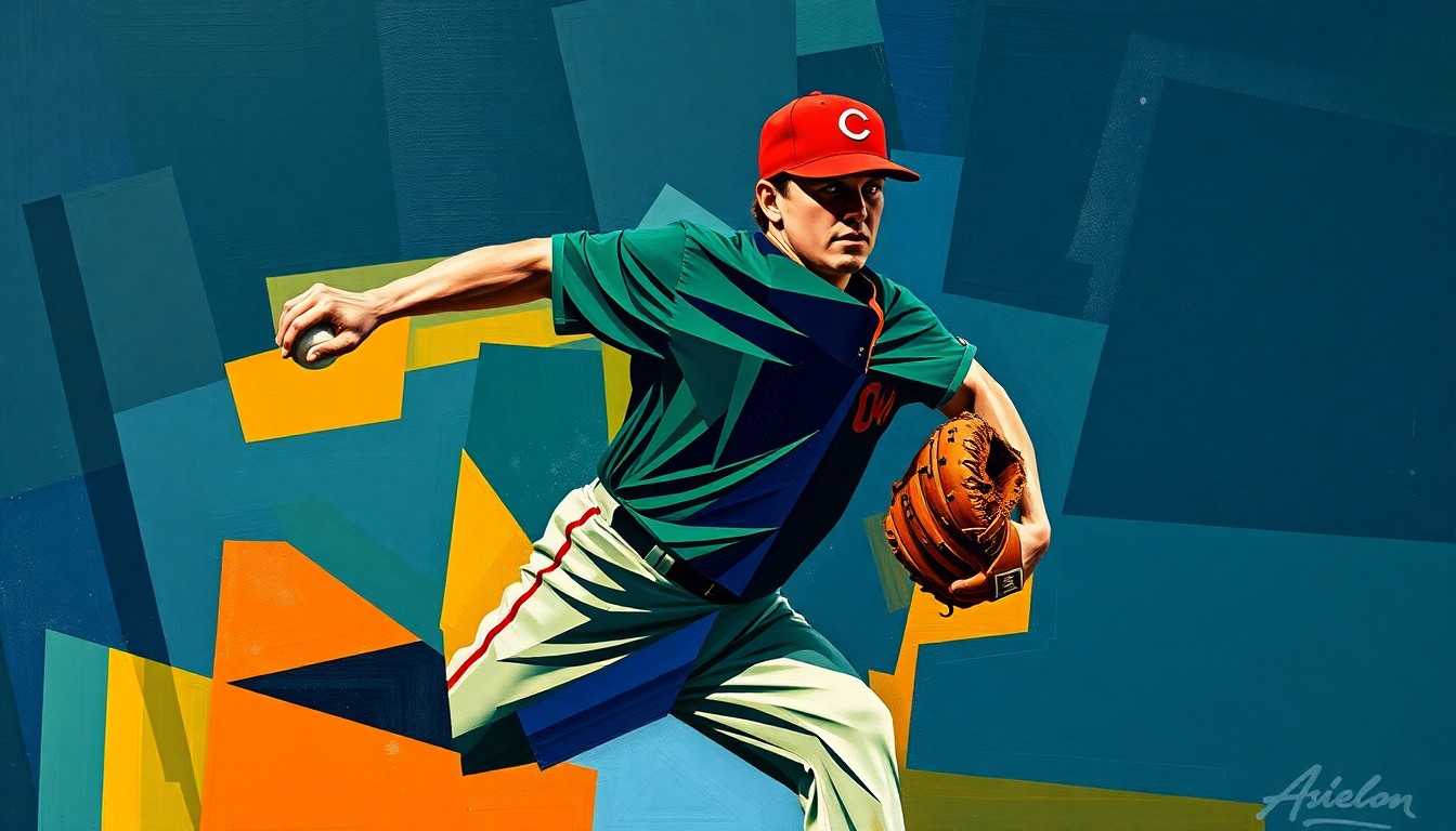 A fractured, geometric painting depicting a baseball pitcher's motion broken down into overlapping planes of navy, green, and orange, conveying the advanced pitching mechanics of the prospect.