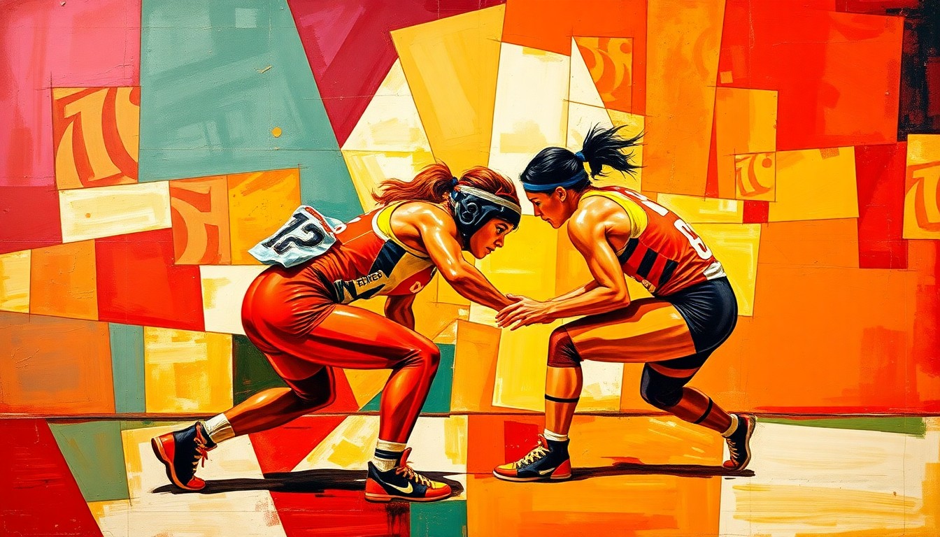 A cubist-style painting featuring sharp, overlapping geometric shapes in shades of red and gold, conceptually representing the dynamic action and energy of a women's wrestling match.