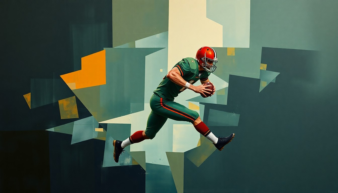 A fragmented, cubist-style painting depicting a football player in mid-motion, with sharp geometric shapes and planes in muted tones of navy, green, and orange, conceptually representing the complex situation surrounding Maxx Crosby's potential trade.