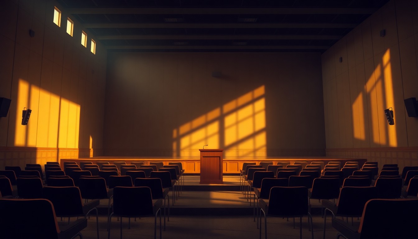 A dimly lit, textured interior scene of a university lecture hall with a podium and chairs, bathed in warm, diagonal sunlight and deep shadows, conceptually representing the serious, thoughtful tone of the Jewish-Muslim dialogue discussion.