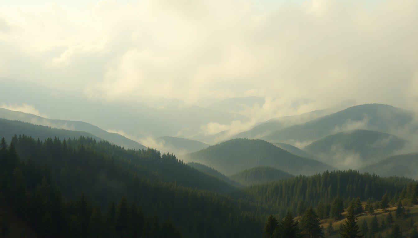 A sweeping landscape painting in muted earth tones, with billowing clouds of smoke obscuring the rolling hills and forests of Hells Gate State Park, conveying the sublime power of the natural environment.
