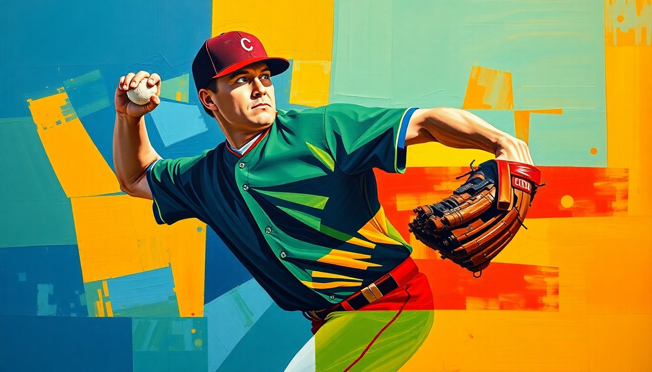 A cubist painting depicting a baseball pitcher's motion broken down into sharp, overlapping geometric shapes and planes in vibrant colors of navy, green, and orange, conceptually representing the complex path of a minor league pitcher trying to make it back to the majors.