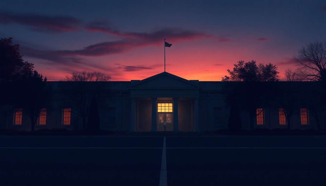 A dimly lit, empty government office space with warm sunlight streaming through the windows, creating a melancholic, nostalgic atmosphere.