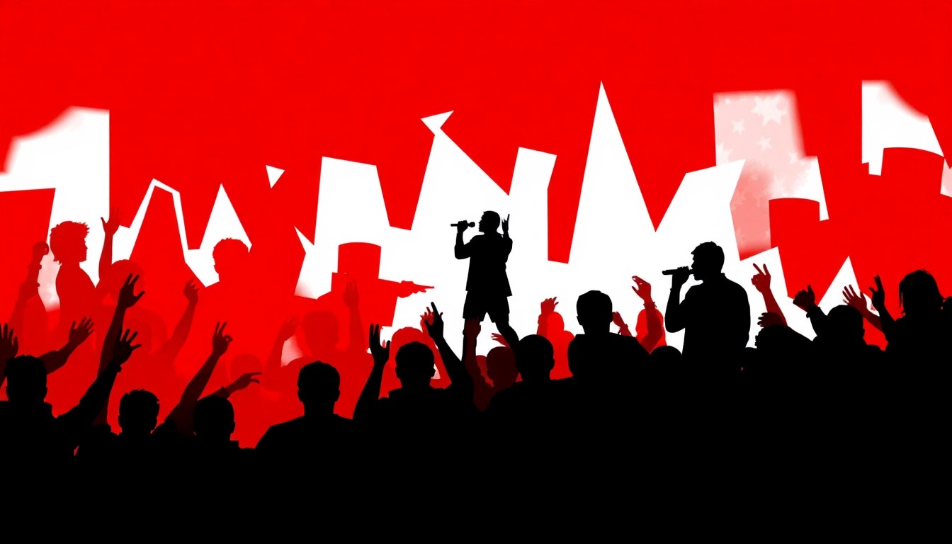 A striking abstract illustration featuring bold, geometric shapes in red, white, and black, representing the energy and diversity of the World Cup Fan Fest in Kansas City.