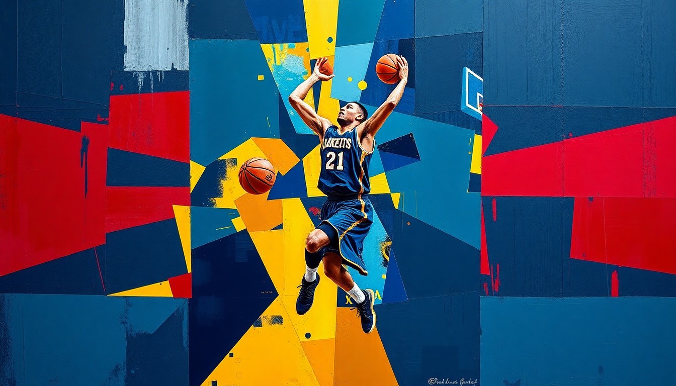 A cubist, geometric painting depicting the fragmented movements of a basketball player, rendered in a palette of navy, gold, and crimson, capturing the energy and dynamism of the sport.
