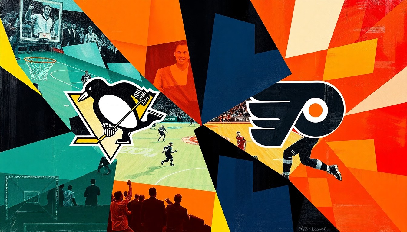 A cubist, geometric painting depicting fragmented, overlapping scenes of a basketball game and a hockey game, with the vibrant colors of the Pittsburgh Penguins and Philadelphia Flyers teams. The abstract, deconstructed style captures the dynamic energy and excitement of the playoffs in both sports.