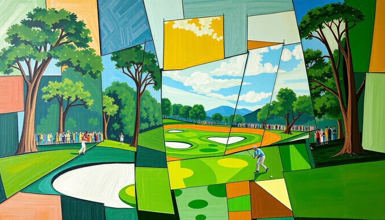 A fractured, geometric painting in shades of green, blue, and brown, depicting the dynamic action and competition of a golf tournament in an abstract, cubist style.