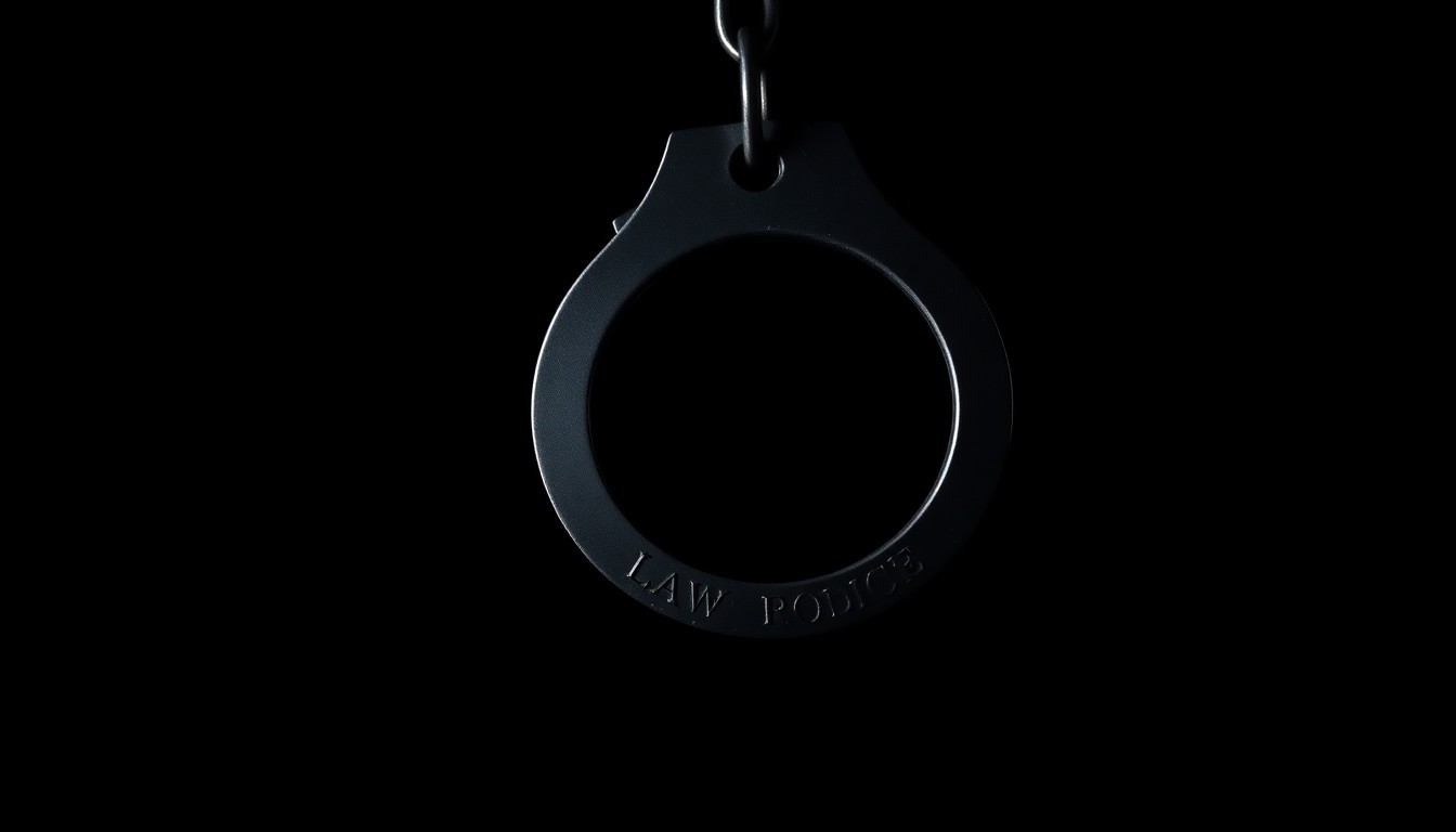 An extreme close-up photograph of a metal law enforcement badge or handcuffs against a pitch-black background, lit by a harsh, direct camera flash to create a stark, gritty, investigative aesthetic.