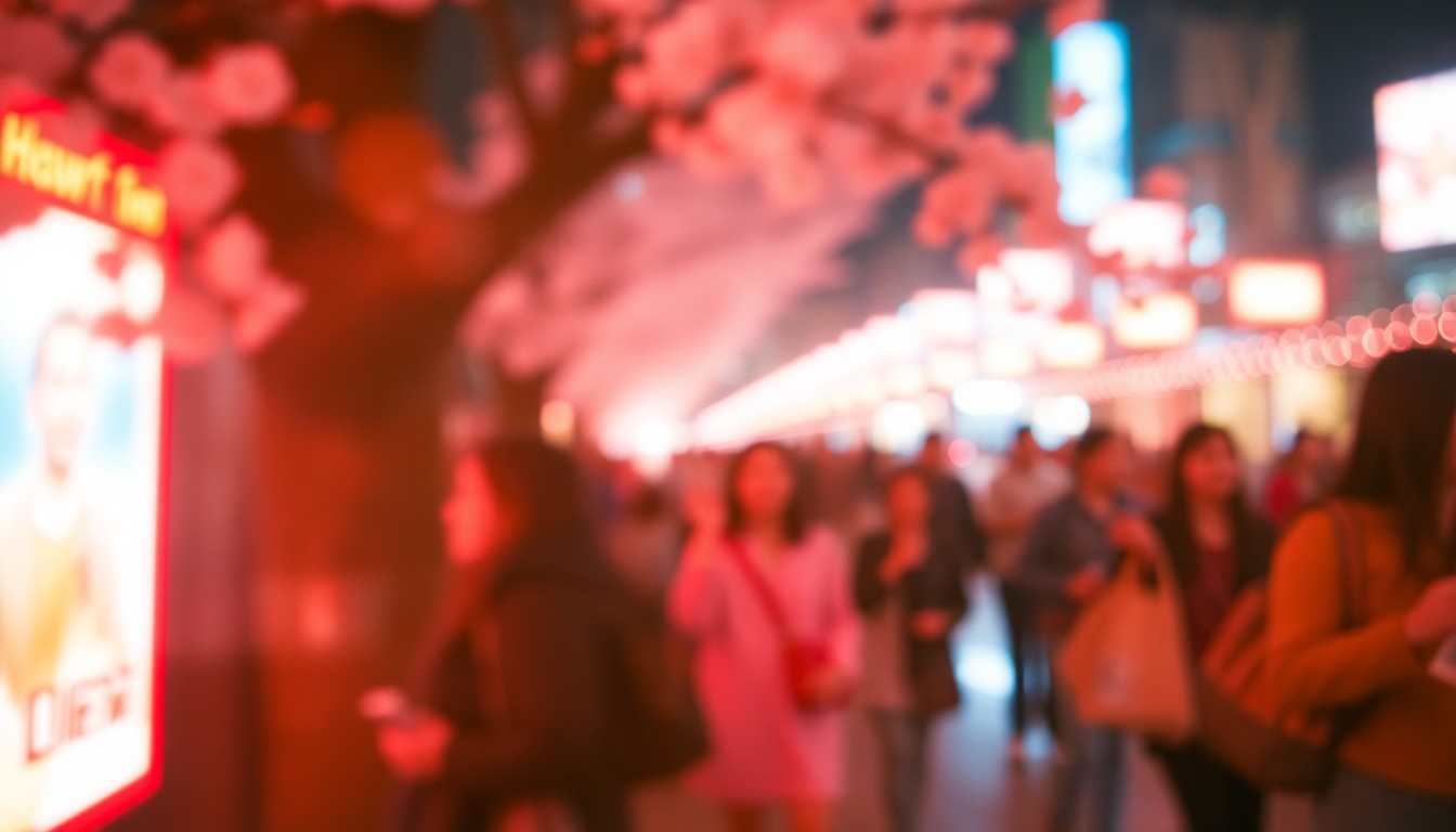 An impressionistic, out-of-focus scene of soft, warm light and color representing the blooming cherry blossoms, international students, and celebratory atmosphere of the Sakura Festival at Clark College.