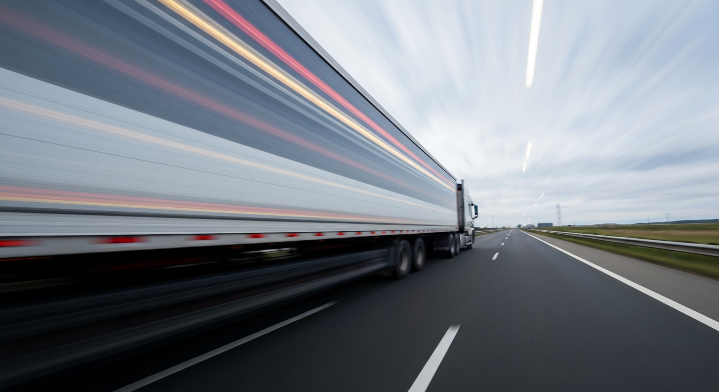 An abstract, blurred image of a semi-truck on a highway, conveying a sense of speed and motion through the use of vibrant, sweeping brushstrokes of color.