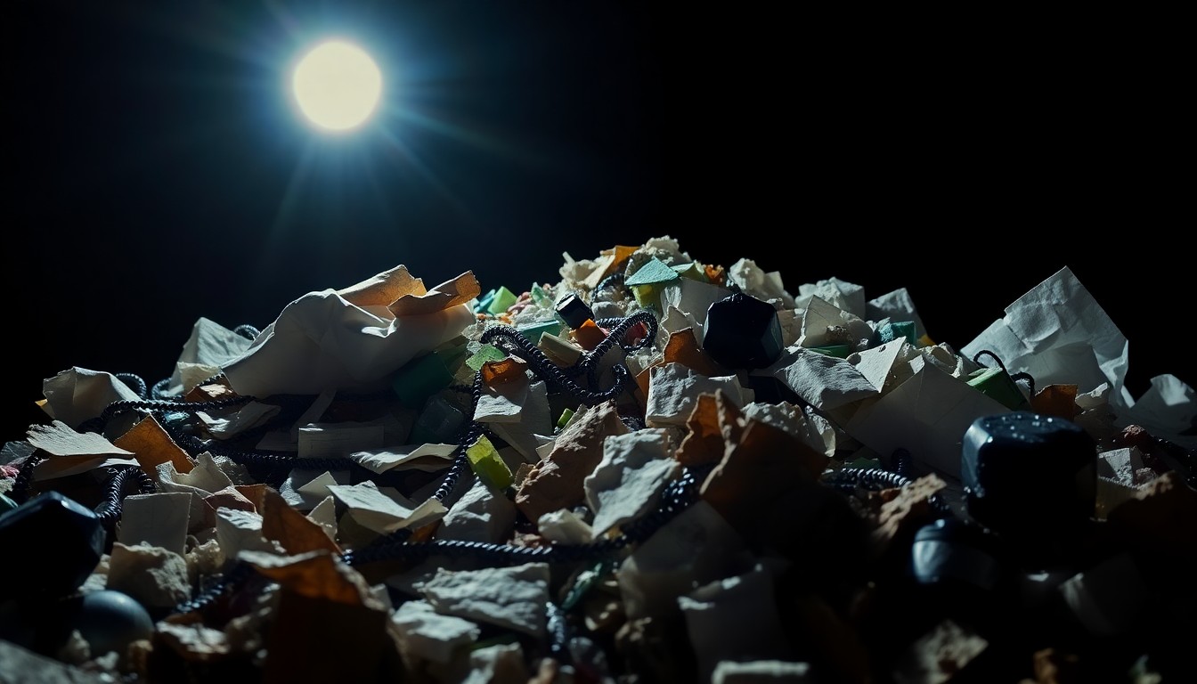 An extreme close-up photograph of a pile of discarded trash, including crumpled papers, broken glass, and other debris, lit by a harsh, direct camera flash against a pitch-black background, conceptually representing the confrontational and gritty nature of the dispute between the garbage disposal company and the customer.