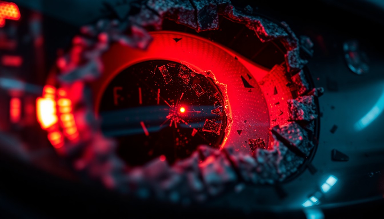 An extreme close-up photograph of a shattered car sensor lens reflecting a faint red light, conceptually illustrating the aftermath of a high-speed crash.