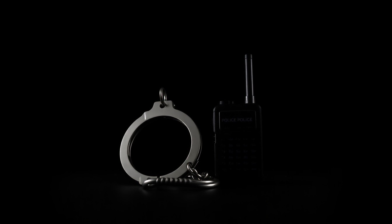 An extreme close-up photograph of a pair of handcuffs and a police radio against a stark, black background, creating a gritty, investigative aesthetic through the use of harsh, direct lighting.