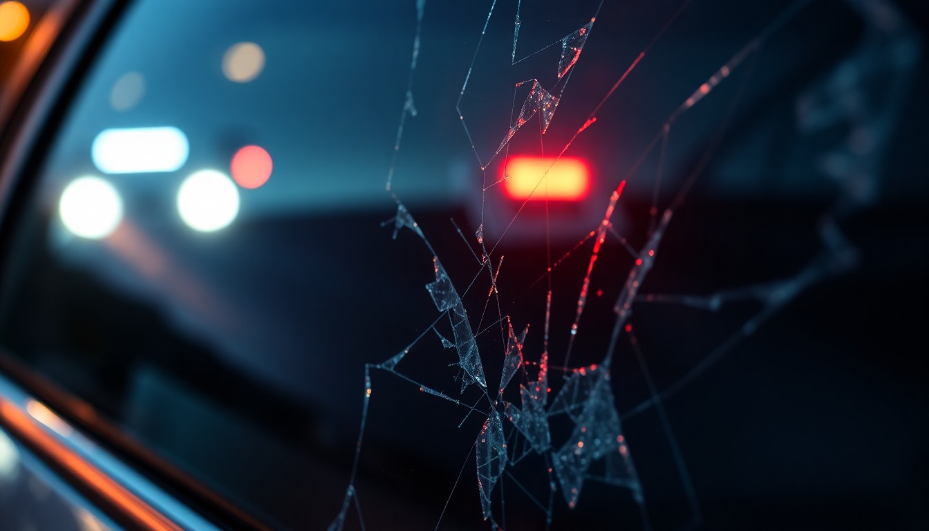 An extreme close-up photograph of shattered car window glass reflecting a faint red light, conceptually representing the violence and aftermath of a police shooting.