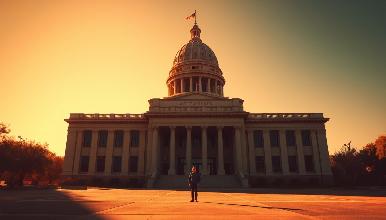 A photorealistic painting of the Arizona state capitol building in warm, golden sunlight, with a lone figure standing in front of the entrance, conveying a sense of political tension and uncertainty.