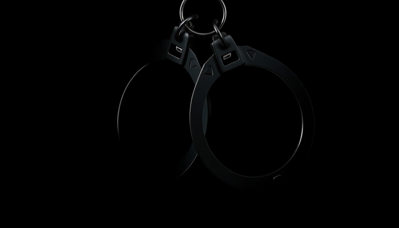 An extreme close-up photograph of a pair of handcuffs against a pitch-black background, capturing the stark, gritty, and investigative nature of this crime-related story.