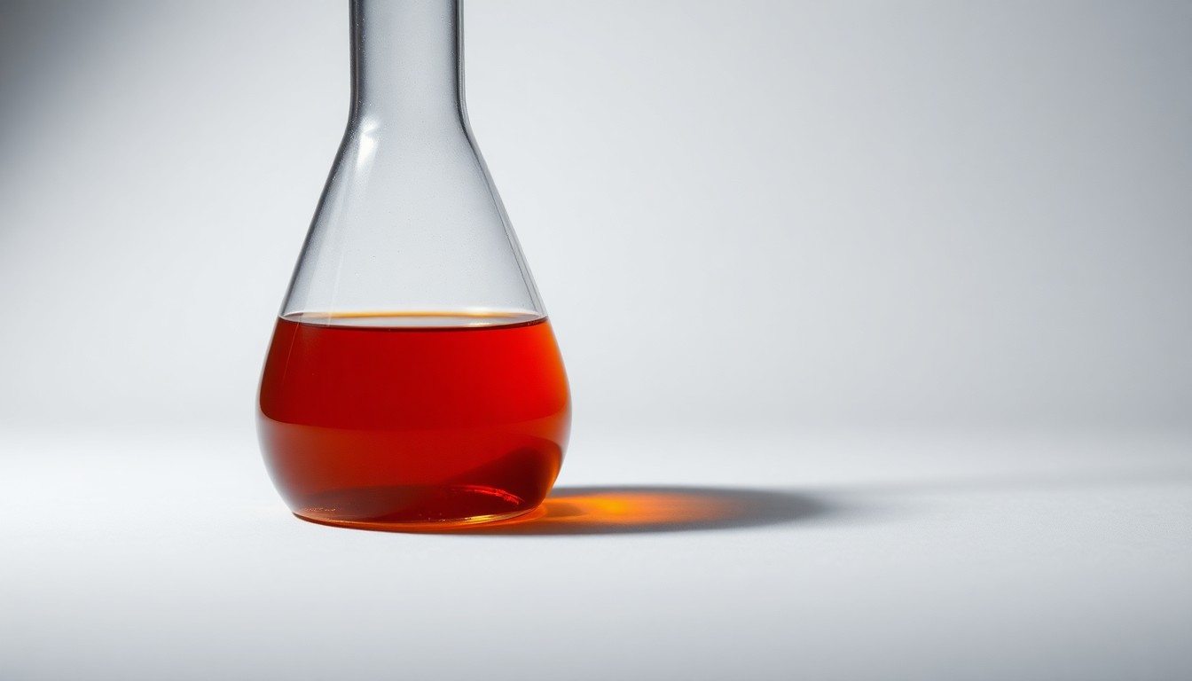 A photorealistic studio still life of a shiny metal beaker filled with an amber-colored liquid, representing the PCB chemicals at the center of the Burlington School District's lawsuit against Monsanto. The beaker is placed on a clean, white background, using dramatic lighting and shadows to convey the serious, corporate nature of the legal dispute.