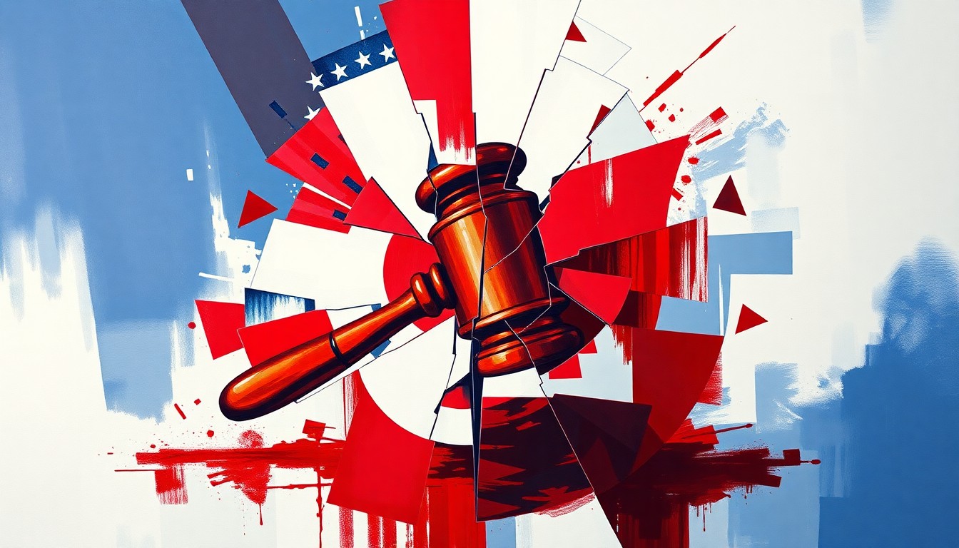 A dynamic, fragmented painting in red, white, and blue hues depicts a shattered political symbol, conveying the turmoil and erosion of democratic norms under Trump's leadership.