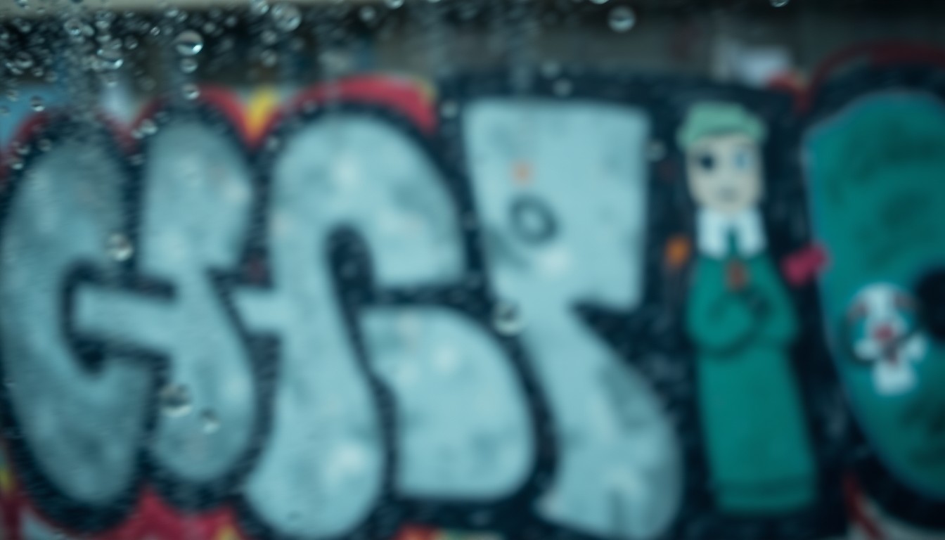 An extremely blurred and abstracted photograph of an urban scene, with indistinct shapes and patterns in muted colors suggesting the presence of graffiti-covered surfaces without depicting them directly.